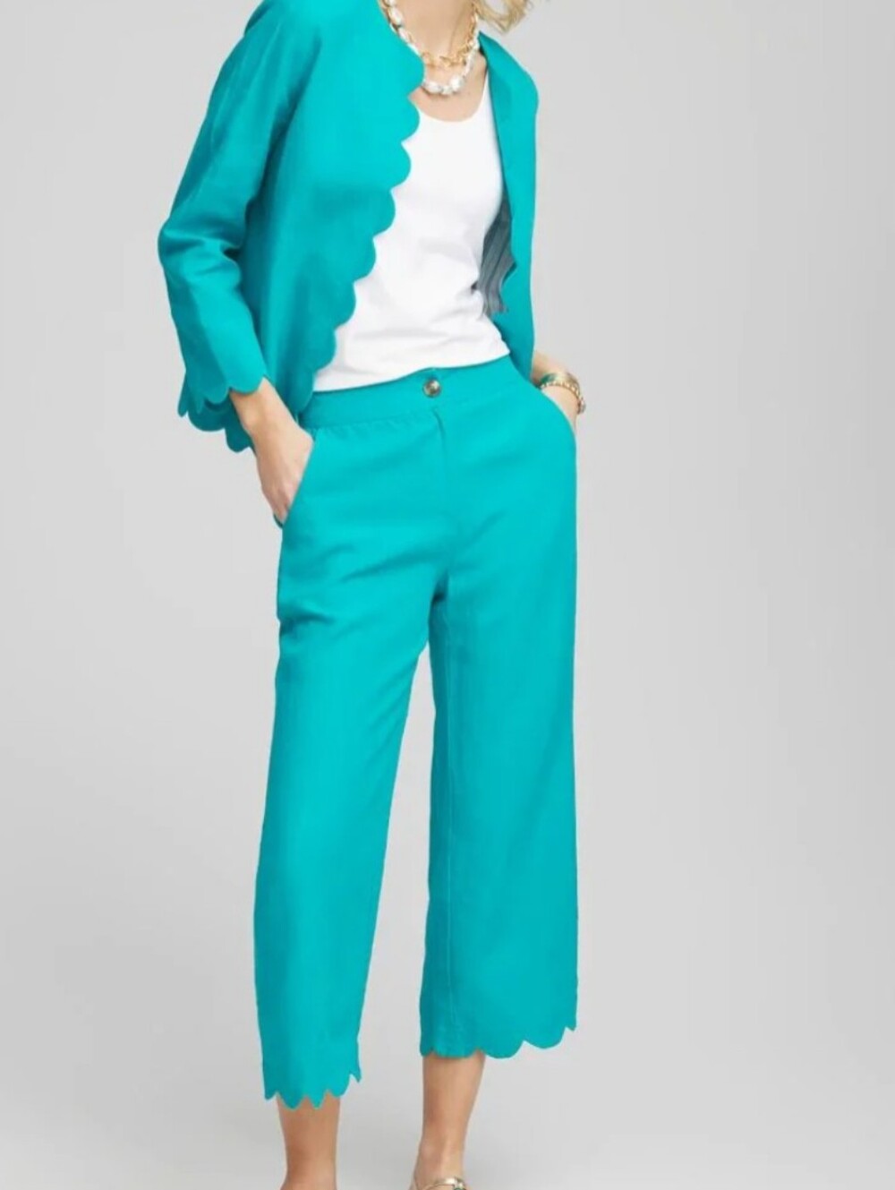 Chico's Linen Scallop Hem Wide-Leg Cropped Pants Teal Sz 3.5/ 18 Minimalist